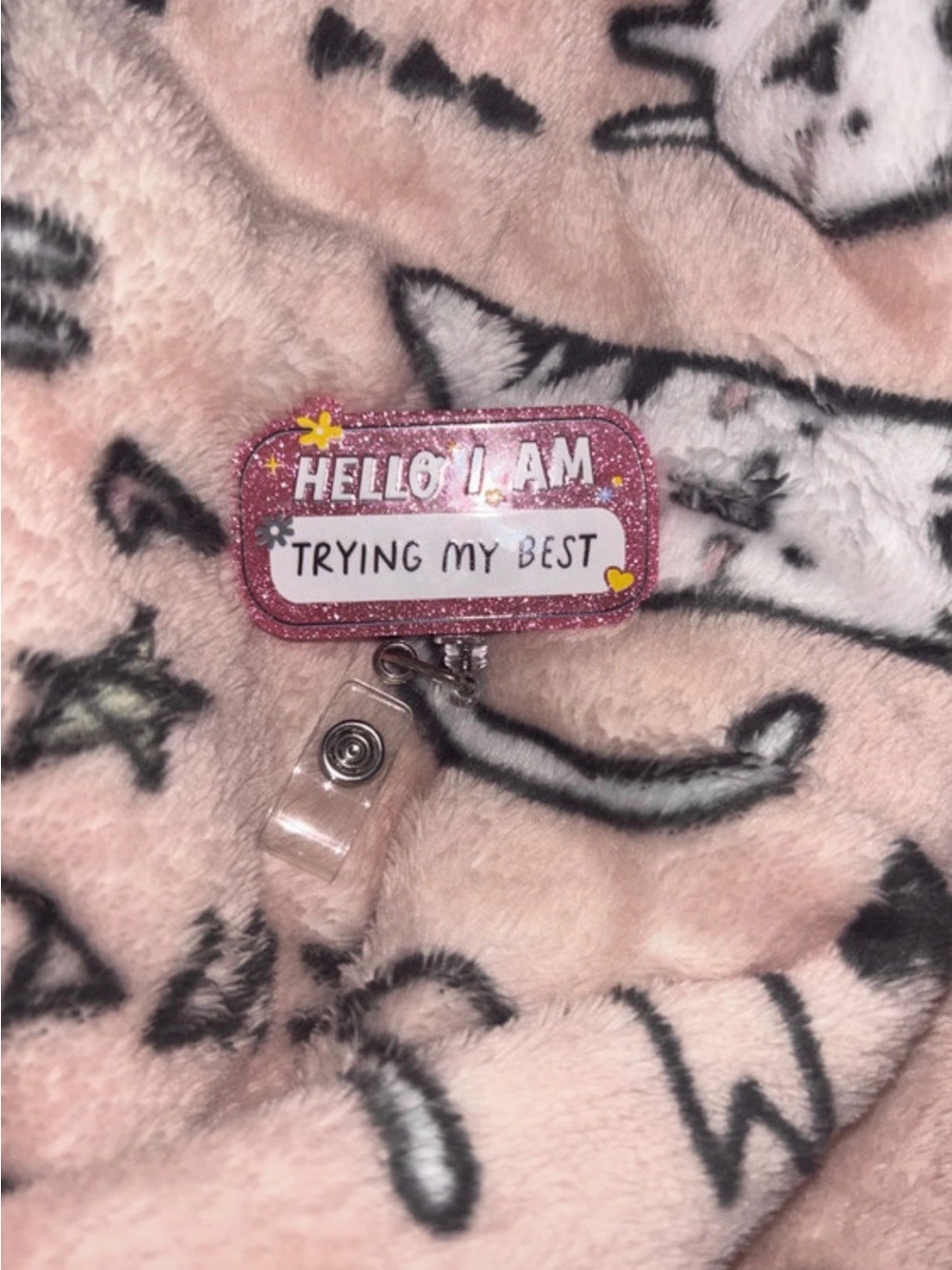 Hello I Am 'Trying My Best' Pink Glitter Badge Reel Card Holder